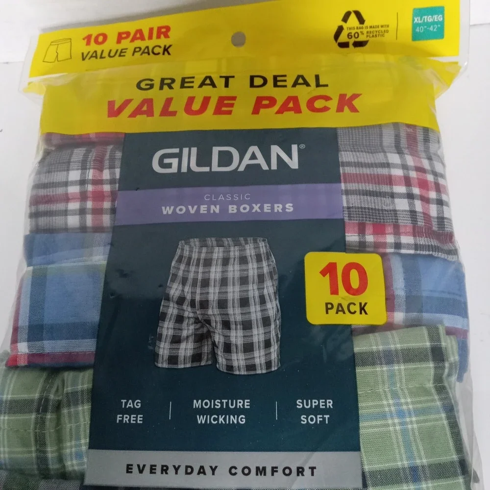 10-Pair GILDAN Men's XL Classic Woven Boxers Shorts‎ Underwear Tag Free Plaid
